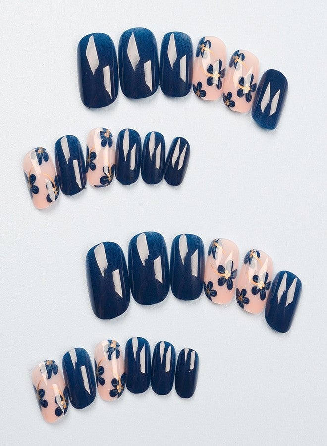 GRITOSE 24pcs Blue Press on Nail Short Square Fake Nails Glossy Spring with Floral designs Gold Stripe Stick on Nail Full Cover Acrylic False Nails Reusable Gel Glue on Nails for Women Summer Manicure - Image 2